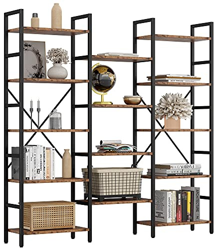 IRONCK Bookcases and Bookshelves Triple Wide 5 Tiers Industrial Bookshelf, Large Etagere Bookshelf Open Display Shelves with Metal Frame for Living Room Bedroom Home Office