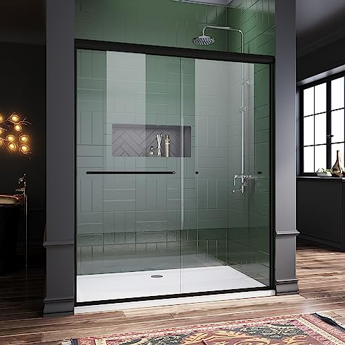 ELEGANT Semi-Frameless Sliding Shower Door Adjustable 56-60 in. W x 72 in. H, Bathroom Sliding Shower Door with 1/4'' Clear Tempered Glass, Matte Black Finish Double Sliding Glass Shower Enclosure