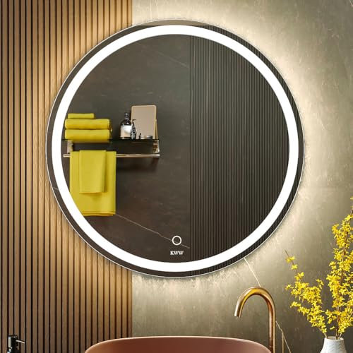 KWW 70 cm LED Runder Badezimmer Eitelkeitsspiegel, Farbtemperatur Einstellbar, Anti-Nebel Dimmbare Lichter, Wand Befestigter Make-up-Spiegel mit Smart Touch-Taste