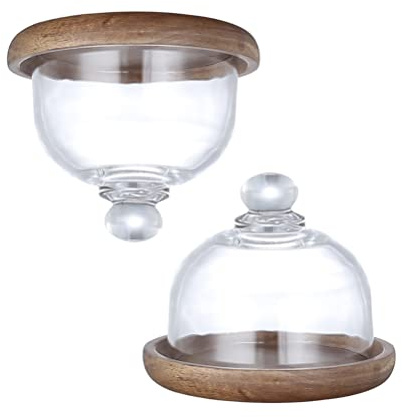Amosfun 2 Sets Small Clear Glass Dessert Cheese Cloche Dome with Wood Serving Tray, Assorted Color, 10.5X10.5CM (0164925EM4)