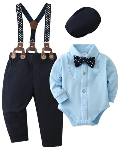 ZOEREA 4tlg Baby Jungen Kleidung Set Taufbekleidung Strampler mit Fliege + Hosenträge Baby Bekleidungssets Gentleman Anzug für Festliche Hochzeit Blau,3-6 Monate