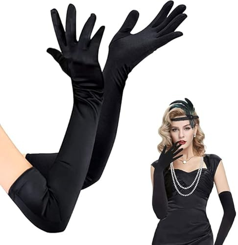 Roontin Long Elbow Satin Gloves - Evening Opera & Dance Gloves for Wedding, Prom & Fancy Dress (Black)