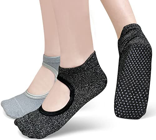 PUTUO Womens Yoga Pilates Socks: Ladies Non Slip Grip Socks for Yoga Pilates Barre Ballet Dance Workout Fitness Size UK 4-8 Grey Black 2pairs