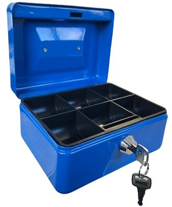 Requisite Needs Metal Money Box Tin 6 Steel Cash Safe Box Petty Cash Deposit Tin with Lock 2 Keys for Security (BLUE)