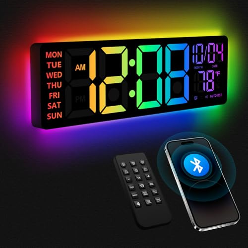 16 Digital Wall Clock with Night Light, Digital Clock with RGB Colors Changing Remote Control, Dual Alarm, Dimmer, Auto DST, Voice Control, Auto Time Sync, Clocks for Living Room, Gift for Elderly