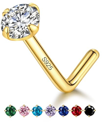LUCKYJEWUS 14k Gold Plated Sterling Silver Small L Shaped Nose Rings Studs for Women Men 20g, 20 Gauge Nostril Nose Piercing Jewelry, Hypoallergenic Gold Nose Stud with Tiny CZ Diamond