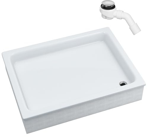 Sellon24® Duschkar i akryl utan förkläde frakt från omedelbart! Rektangel med EPS-hållare + sifon, vit, stabil frigolithållare, kakelbar, höjd 26 cm (80 x 100 x 26 cm)