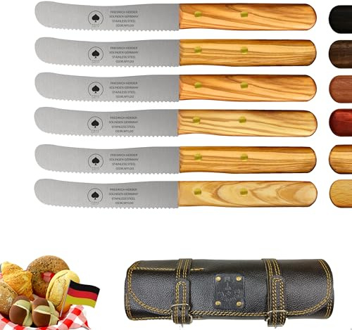 Solingen, set di 6 coltelli con lama ondulata con custodia in pelle di alta qualità, manico in legno d'oliva, coltello gobba di alta qualità, coltello da colazione, coltello da pane, lama antiruggine,