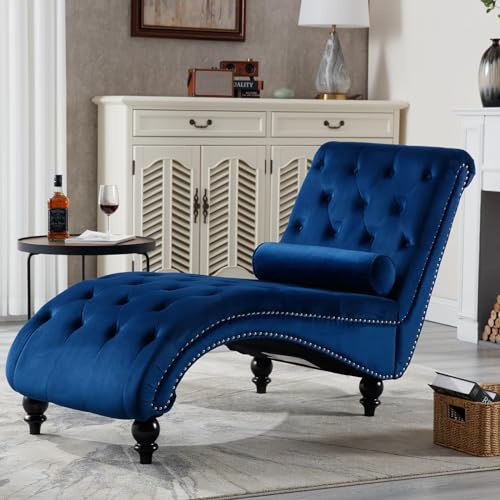 binzida Velvet Chaise Lounge Indoor,Button-Tufted Upholstered Chaise Lounge Chair with Pillow for Bedroom Living Room Office Modern Backrest Leisure Recliner Sleep Sofa (Blue)