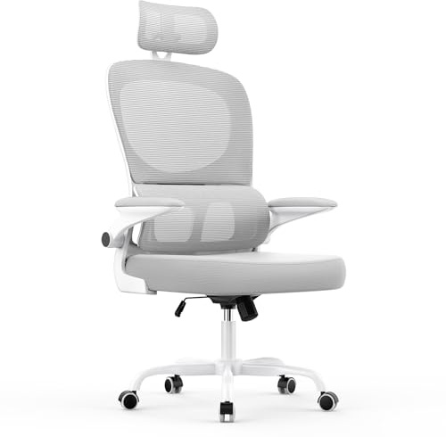 rattantree Silla de Oficina Ergonómica con Soporte Lumbar, Silla de Escritorio de Respaldo con Reposacabezas y Altura Ajustables, Reposabrazos Abatible, Silla de Ordenador para Oficina en Casa, Gris