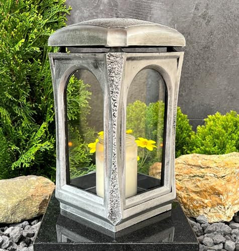 Grablampe Classico Premium Massiv Silber Grabschmuck Grabkerze Grablaterne Grablicht Grableuchte Lampe Laterne Licht Kerze Trauer Friedhof Garten