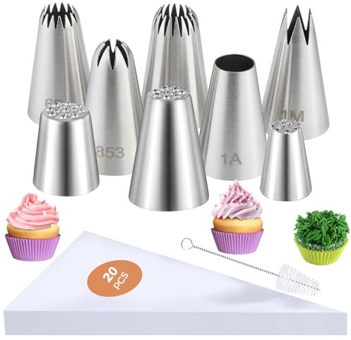 TAKUZA Spritztüllen Groß, Spritztüllen Set 29 Stück, Spritzbeutel mit Tüllen Profi, Spritztülle Gras, nahtlos 304 Edelstahl Spritzdüsen, 20 Spritzbeutel, 1 Reinigungsbürste, zum Deko von Torten