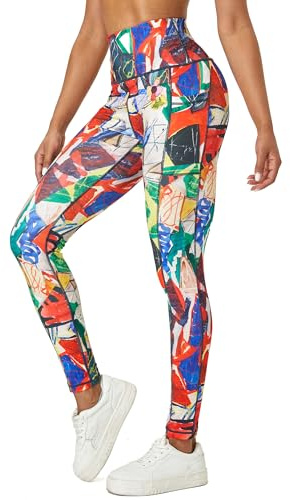 Tuspryt Legging de Sport Opaque avec Poches pour Femme - Pantalon de Sport Imprimé, Pantalon Long de Fitness et Course