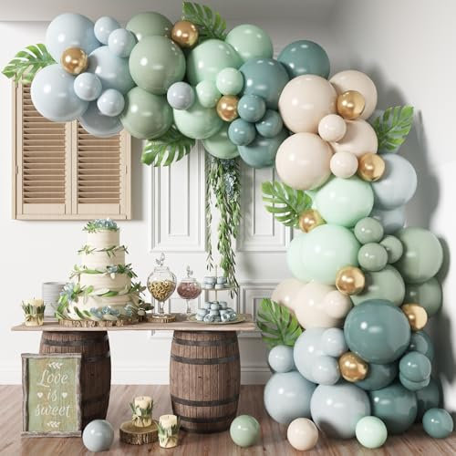 HILAVO Dusty Blue Sage Green Balloon Arch Kit Slate Blue Pastel Green White Sand Gold Balloons Garland 98 Pcs Fog Blue Green Beige Balloon for Jungle Safari Birthday Baby Shower Wedding Party Decor