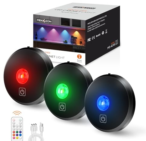MEKKLEON LED-vitrinbelysning, trådlös RGB med fjärrkontroll, svart, 3 stycken 2 000 mAh uppladdningsbara LED-spotlights batteri, underskådebelysning, skåpbelysning, köksunderskåp