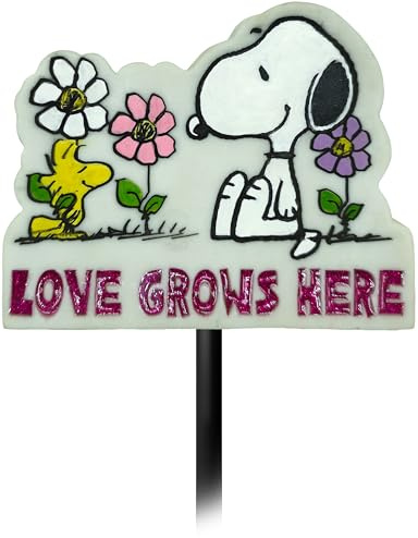 Spoontiques - Garden Décor - Garden Stake - Decorative Stake for Lawn and Yard - 24 High - Durable Weather Resistant Resin Sign for Home Décor - Peanuts Love Grows Here Garden Stake