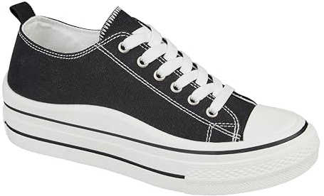 Urban Jacks Ladies Lace Up Platform Sole Canvas Baseball Sneakers 4-8 (Black, UK Footwear Size System, Adult, Women, Numeric, Medium, 5)