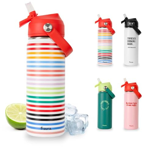 Fisura – Stylische Wasserflasche “Rayas” 500 ml. Isolierbehälter aus BPA-freiem Edelstahl mit Trinkhalm – geeignet für Reisen, Training, Arbeitsplatz und draußen.