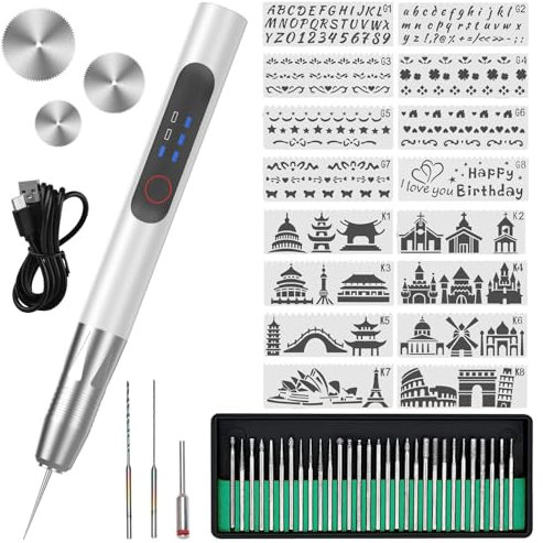 Elektrischer Gravierstift mit 32 Bits - Mini Graveur Gravurwerkzeug Bis Zu 20000 U/min Wiederaufladierbar Akku-Gravur Werkzeug Kit für Schmuck Glas Holz Kunststoff Metall Stein