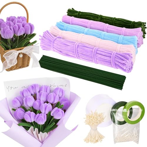 Pfeifenputzer Zum Basteln, 500 Stück Pfeifenreiniger Blumen Set, Pfeifenreiniger 5 Farben Blumenstrauß mit 360 PCS Staubgefäße, Geschenkband, 2 PCS Klebeband, 200 PCS Perlen für DIY Dekoration (Lila)