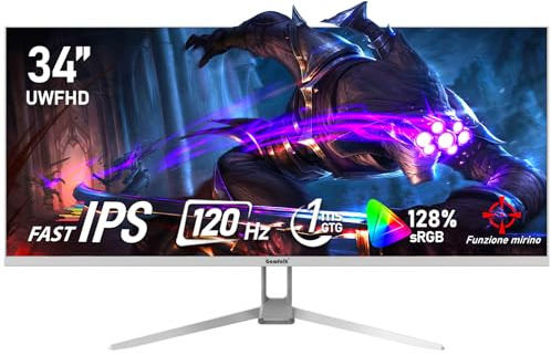 Gawfolk Monitor per computer 34 pollici IPS ultra-wide 120Hz, UWFHD (2560×1080), schermo PC, 128% sRGB, Adaptive Sync, angolo di visione di 178°, HDMI, DisplayPort, VESA 75×75MM - Bianco