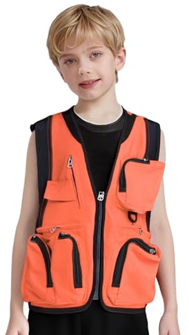 Eandarui Chaleco de safari para niños con muchos bolsillos prácticos, chaleco de trabajo funcional, chaleco de pesca al aire libre con cremallera, naranja, 152-176