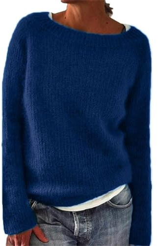Maglione Norvegese Donna Inverno Caldo Chic Elegante Maglione Over Maglia Girocollo Manica Lunga Maglione Vintage Modello Tunica Oversize Moda Confortevole Abbigliamento Donna Autunno Inverno, blu, M
