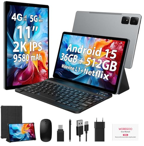 WOREGOO Tablette Android 15 de 11 Pouces, 4G LTE et WiFi 5G, Octa-Core, 36Go RAM+512Go ROM (1TB TF), Widevine L1, Écran FHD 2K 2000x1200, GMS/GPS/8+13 MP/Batterie 9580mAh avec Clavier+Souris (Gris)
