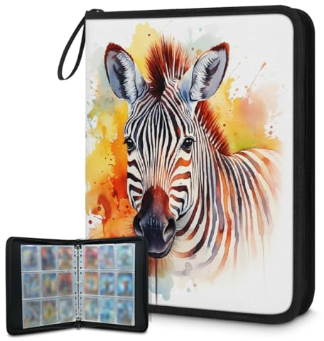 Carpeta de tarjetas coleccionables de 9 bolsillos, acuarela, cebra, tarjetero, álbum de tarjetas con fundas extraíbles, impermeable, con cremallera, capacidad para 50 páginas y 900 tarjetas