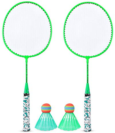 Racchetta da badminton per bambini, set di 2 palline, gioco sportivo all'aperto, per bambini, ragazzi e ragazze, in lega di ferro di nylon di alta qualità, colori fluorescenti, (Fluorescent Green)