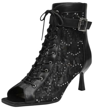 Escarpins scintillants avec lacets à l'avant et fermeture éclair à l'arrière pour des occasions élégantes – Bout ouvert, sangle délicate, talon mi-haut, Noir , 38 EU