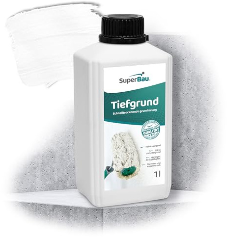 SuperBau Tiefgrund LF Grundierung 1 L (ca.10m²) für Wand & Boden, Tiefengrund Innen & Außen, für Rigips Gipskarton Beton Estrich Putz OSB-Platten, Weiß, Schnelltrocknend, Lösemittelfrei