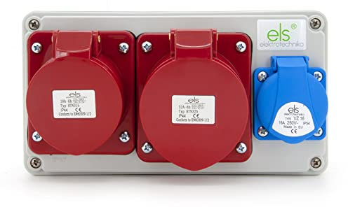 ELS Elektrotechnika Distributore di corrente da parete Schuko 1 x 230 V + 1 x CEE 16 A + 1 x CEE 32 A, prese, cablate, distributore di corrente per interni ed esterni, officine e fabbriche
