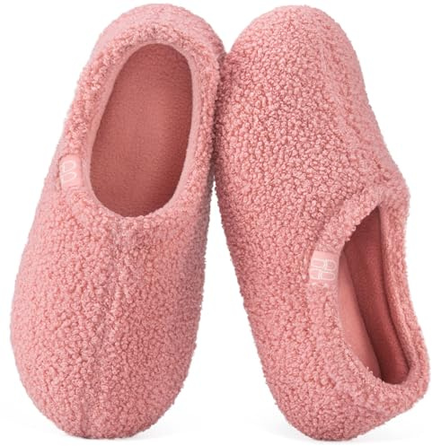 HomeTop Women's Fuzzy Curly Fur Memory Foam Loafer Slippers Bedroom House Shoes with Polar Fleece Lining (10.5, Pink)