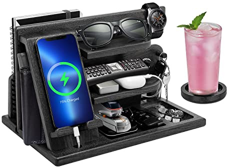 Dockningsstation för smarttelefon, för plånbok och klocka, i trä, för män, överraskande present till pappa på födelsedag eller jul