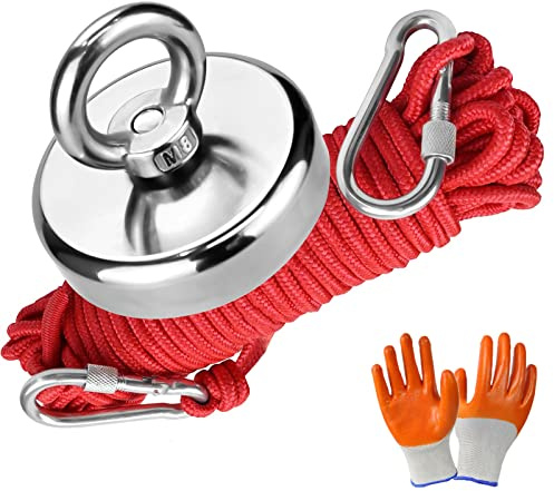 Magnet Fischen, 120KG (265 lbs) Zugkraft, Neodym Magnete Extra Stark mit 20 m (65 ft) robustem Seil und Schutzhandschuhen, leistungsstarke Magnete zum Angeln und zur Magnetischen Bergung