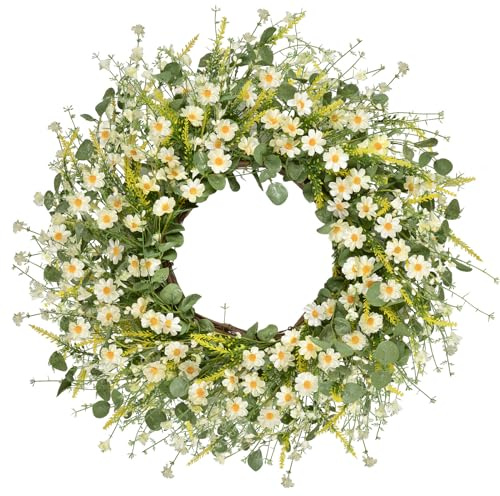 LSKYTOP 24 Inches Artificial Daisy Flower Wreath with Eucalyptus Leave Silk Flower White Berries Spring Summer Wreath for Front Door Wall Decor