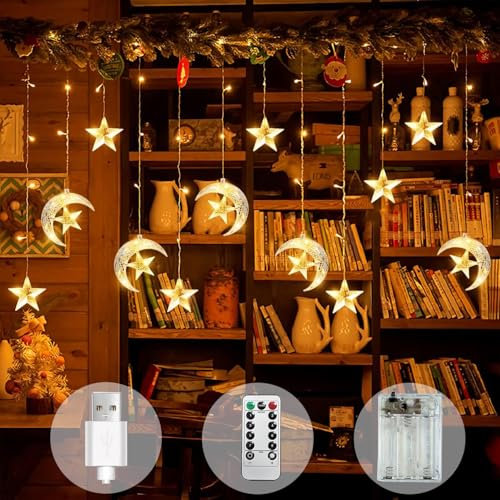 Woukksy Lichterkette Weihnachten Außen Innen Deko, 3.5M Stern Mond Lichtervorhang mit Timer & Fernbedienung, 8 Modi LED Lichterketten Fenster Innen für Halloween, Balkon, Hochzeit, Party