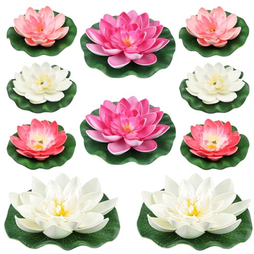 QUOZUO 10PCS 3 Sizes Artificial Foam Lotus Floating Flowers with Water Lily Pad Ornaments for Home Garden Pond Decor Pools Water Decorations, Pink and White