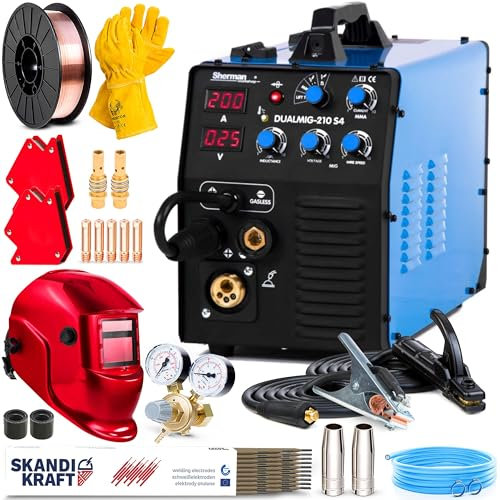 Sherman DUALMIG 210 S4 - Soldador de hilo sin gas y con gas 200 A - MIG, MMA, TIG-LIFT y FLUX - Máquina de soldar con 2T/4T y Inductancia - Antorcha MIG/MAG MB15 (3m) - Set Premium