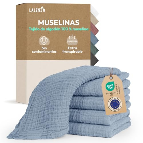 Laleni Mulltorkdukar baby 5-pack, muslin i 100% bomull 70 x 70 cm, absorberande och tvättbara – Blå