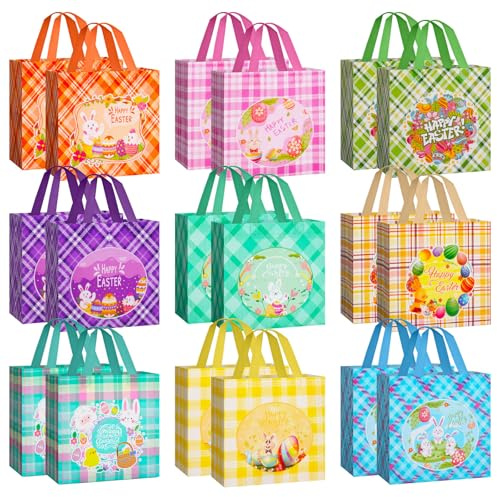 18Pcs Easter Gift Bags Reusable Easter Egg Hunt Bags with Handles for kids,Non-Woven Easter Bags for Easter Baskets, Egg Hunt Game, Easter Party,8.3×7.9×5.9inch