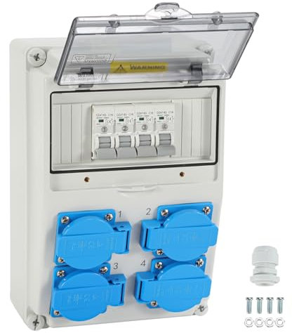 Izrielar Répartiteur de courant de construction, répartiteur mural avec disjoncteur, 4 prises Schuko et prise CEE 16 A, répartiteur de courant pour l'intérieur et l'extérieur