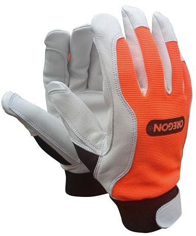 Oregon Gants de travail haute adhérence Protection pour sylviculture, jardinage et travaux extérieurs, avec paume en cuir renforcé, dos en spandex bi-élastique, réglables et adhérents – Taille L