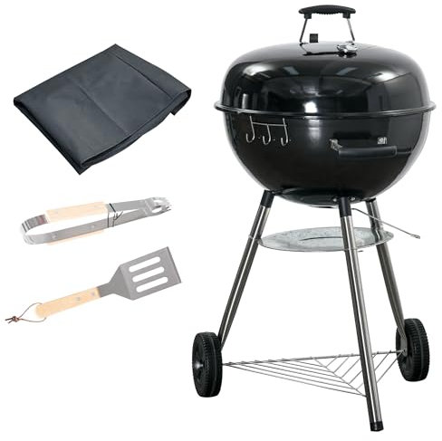 Outsunny Portable Kettle Charcoal Grill BBQ Smoker with Cover, Outdoor Round Barbecue with Lid, Thermometer, Turner, Knife, Clip, Storage Shelf, & Wheels for Party Patio Garden