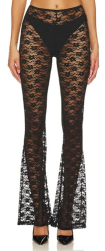 Pantalon large pour femme, pantalon évasé en maille transparente noire en dentelle florale, pantalon évasé élastique transparent, coupe ajustée en dentelle au crochet à œillets pour fête, club, rave