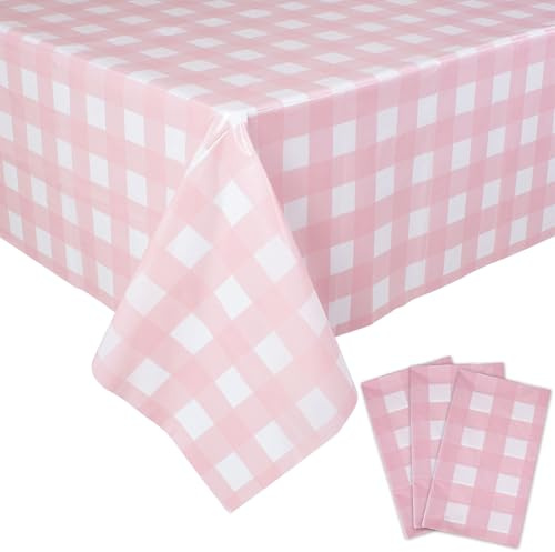 Samtress Pink Gingham Tablecloth 3 Packs Pink&White Checkered Tablecloths 54 x 108 Inches Disposable Plastic Gingham Tablecloth Waterproof Rectangle Picnic Table Covers for BBQ,Events,Party Supplies