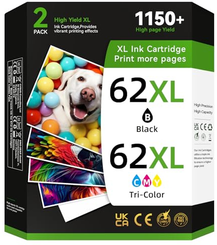 62XL Ink Cartridges Black and Colour Multipack Replacement for HP 62 Ink Cartridges Twin Pack High Yield for HP Envy 5540 5544 5640 5546 5644 5541 5640 5646 5542 OfficeJet 5740 200 250 (2-Pack)