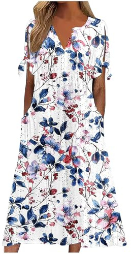 HOOUDO Summer Dresses for Women UK Loose Casual Maxi Dress Short Sleeve V Neck Tunic Flowy Pleated Beach Sundress Plus Size Ladies Boho Dress Holiday Dresses