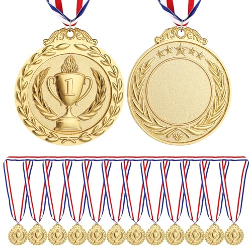Wyngee 12pcs Médaille d'or avec Ruban, Médaille Récompense pour Enfants Médailles du Gagnant Prix d'or pour Sport/Jeu/Compétitions/Football/Fêtes Matériau Alliage Argent/Bronze/Doré